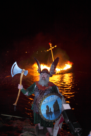 Jarl in front of his blazing galley